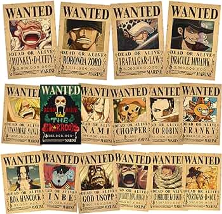 16 Pièces One Piece Posters Wanted 28.5 x 19cm,Affiche One Piece,Prime One Piece,Avis de Recherche One Piece Luffy Gear 5,Zoro,Law,Kidd,Robin,Nami,Jinbei,Sanji Wanted Décoration Posters