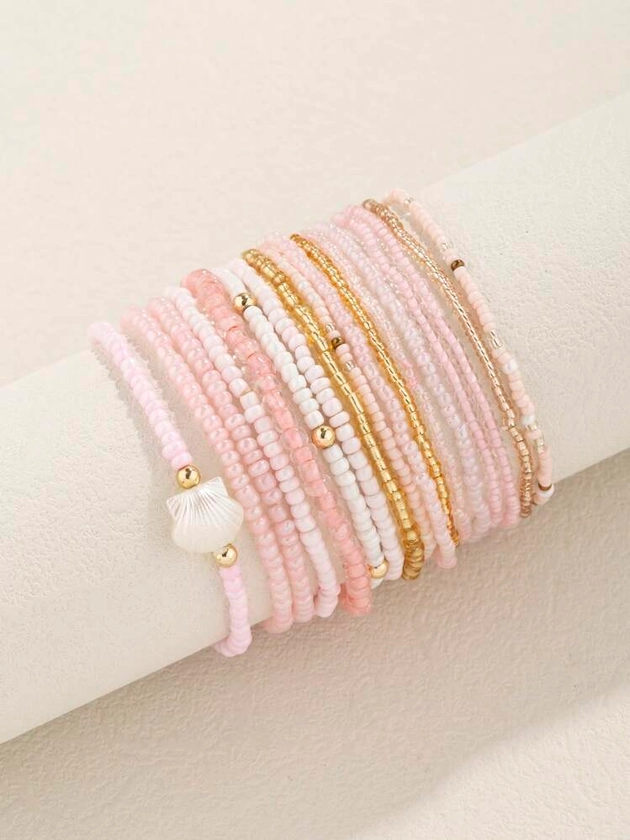 17pcs Bohemian Style Glass Beaded & Seed Beaded Pink Stack Bracelet For Women