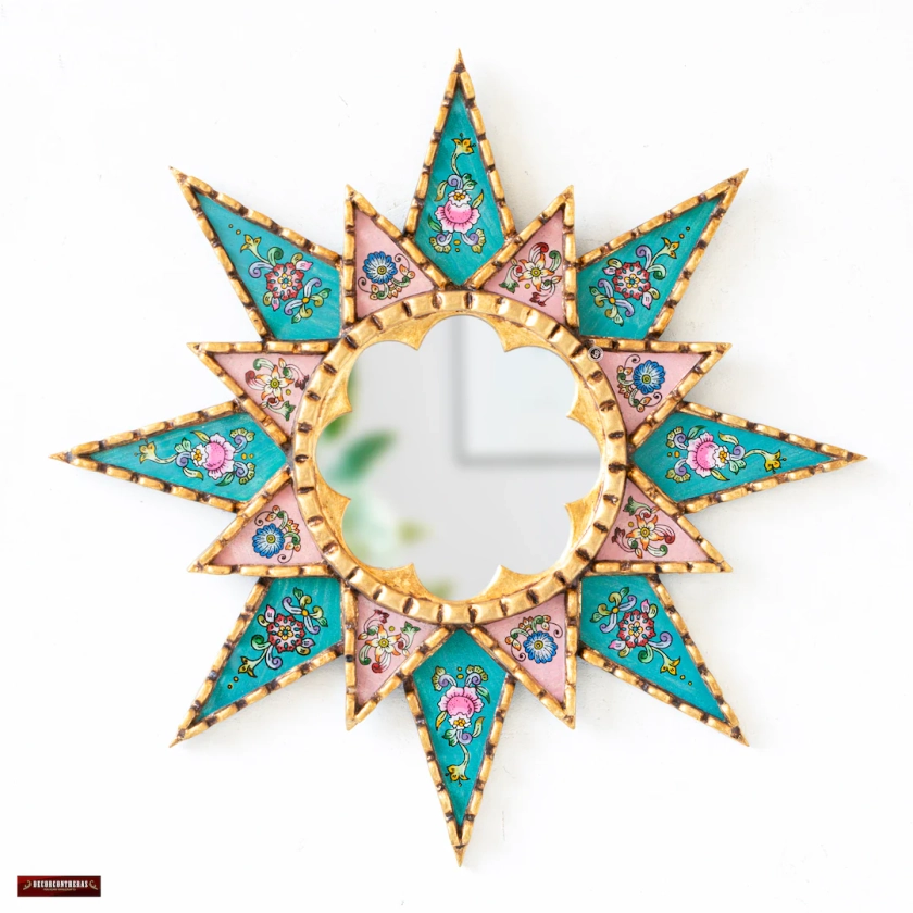 Decorative Turquoise mirror 17.7" wall decor | Peruvian Painting on glass | Vintage Wall hanging star mirror | valentine day gift for her