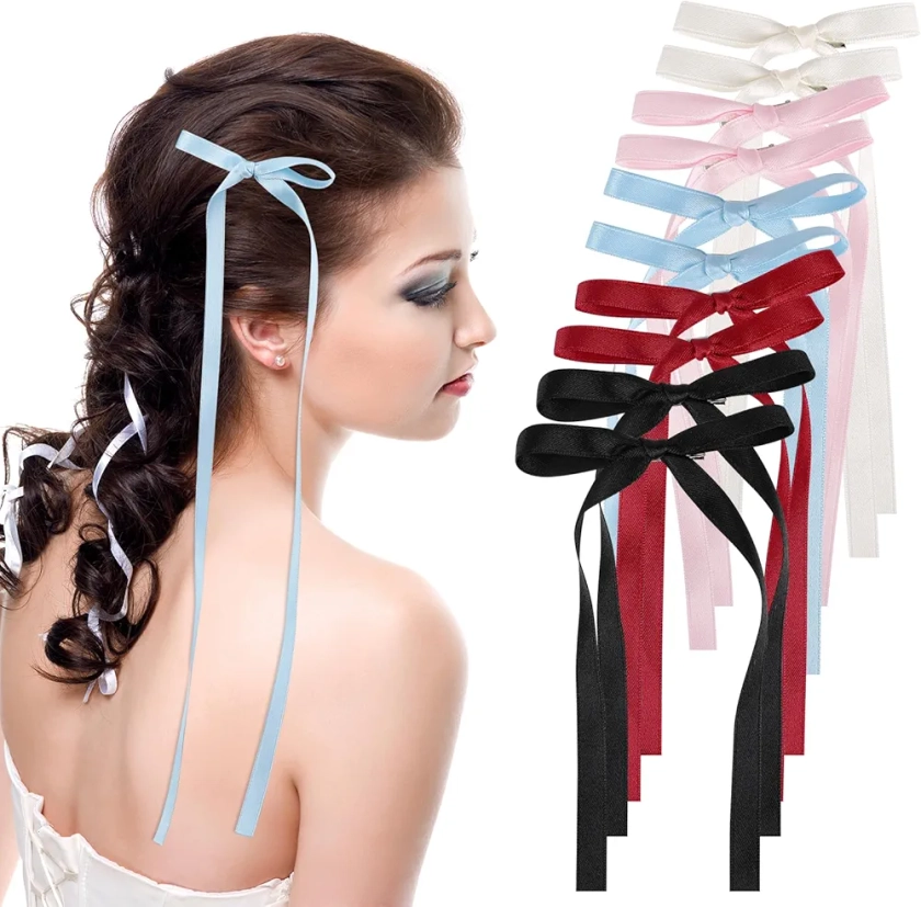 Lot de 10 nœuds à cheveux en ruban pour filles, nœud à longue queue en satin avec pinces crocodile en métal, jolies barrettes à cheveux de style princesse de couleur unie pour queue de cheval,