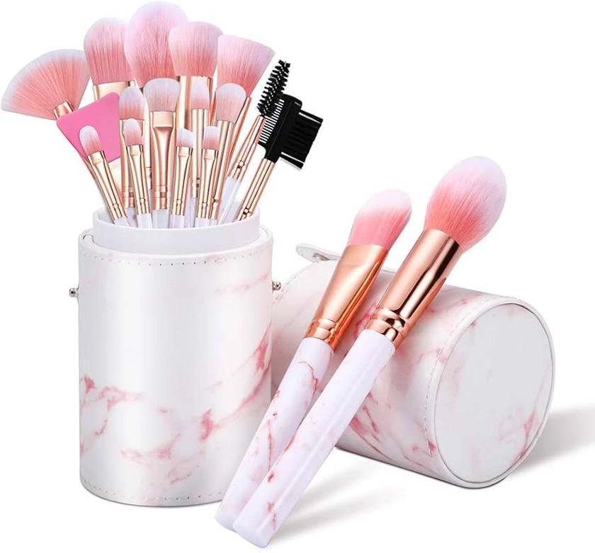 Makeup Brushes Sets Glamour Gaze 16PCS Pink Marble Make up Brushes Foundation Eyeshadow Concealer Eyebrow Blush Brush Set With Makeup Brush Holder and Silicone Mask Brush