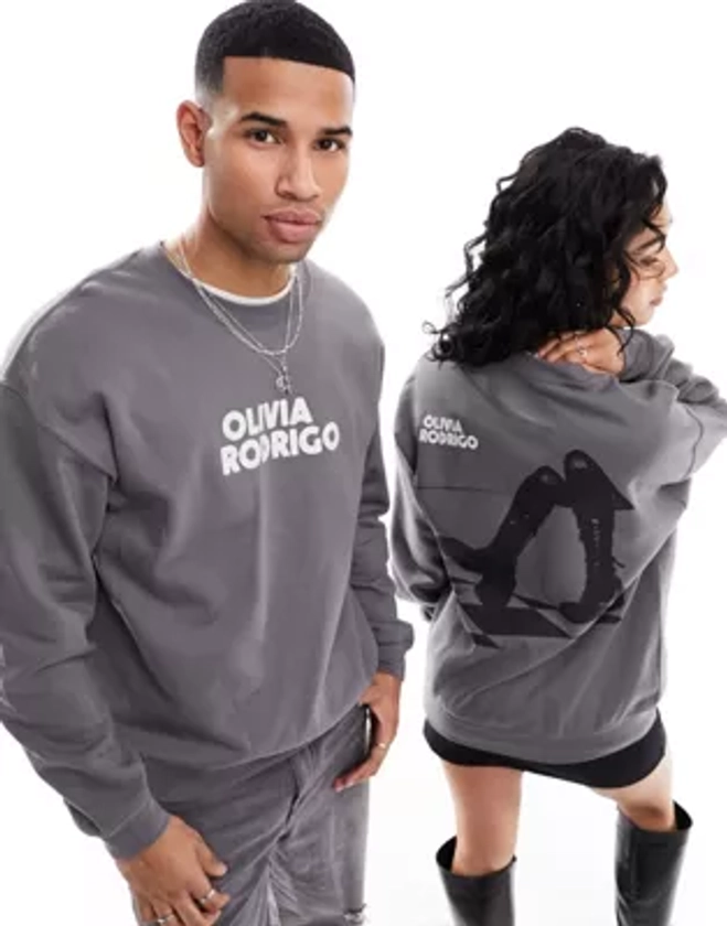 ASOS DESIGN unisex graphic sweatshirt in charcoal with Olivia Rodrigo prints | ASOS