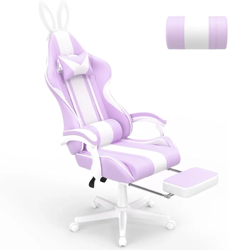 Ferghana Kawaii Light Purple Gaming Chair with Bunny Ears, Ergonomic Cute Gamer Chair with Footrest and Massage, Racing Reclining Leather Office Computer Game Chair for Girls Adults Teens Kids