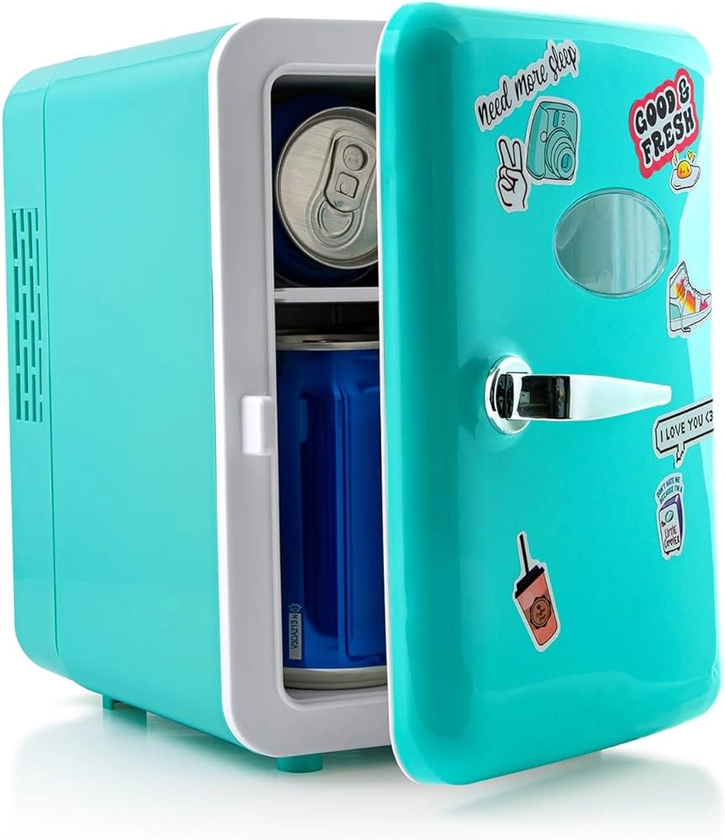 So Chill Auto Mini Fridge, Gamers, Students, Home/Car trips/Hangouts + More, USB Powered, Stickers Included, 4L/6 Cans, Solid, Teal