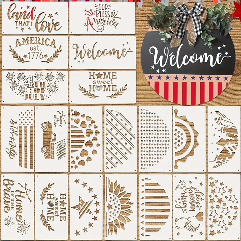 20 Pcs Patriotic Welcome Stencils for Wood Signs, Reusable Half-Circle & Letter Templates for 4th of July, Home Decor, DIY Projects - PET Material Cra