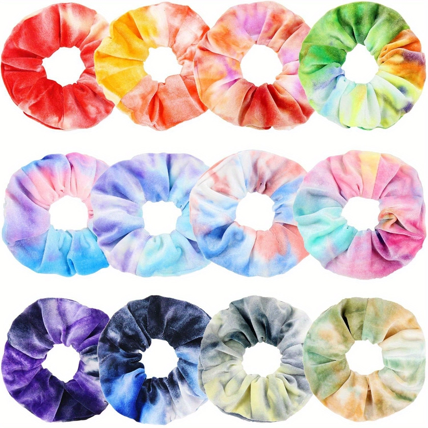 12 pcs Tie Dye Velvet Scrunchies for Girls - Soft Rainbow Ponytail Hair Ties for Teens and Women - Cute Elastic Hair Bands for Hair Styling and Access