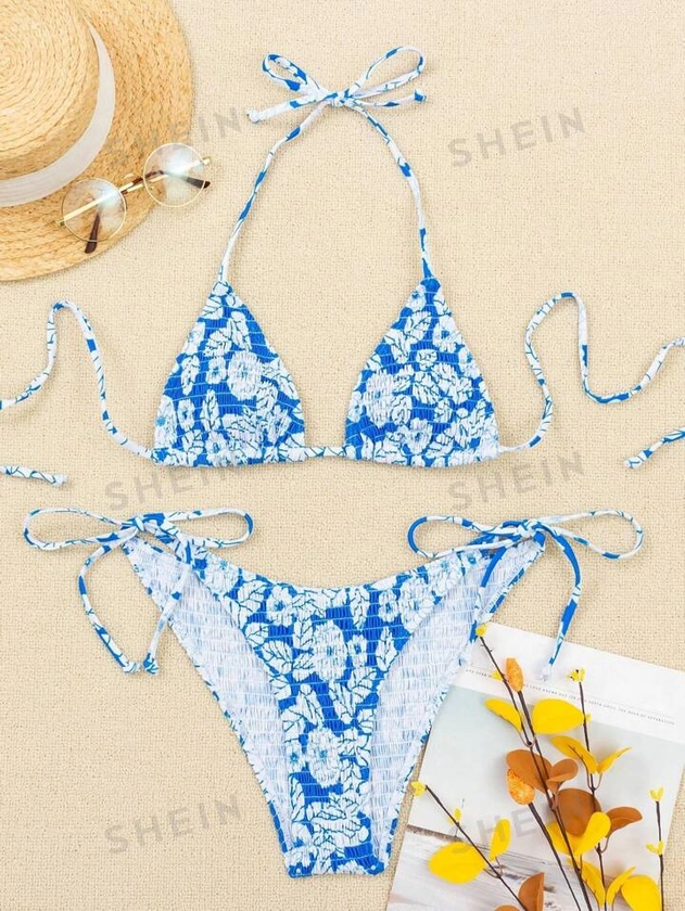SHEIN Swim Mod Summer Beach Floral Smocked Triangle Tie Side Bikini Set