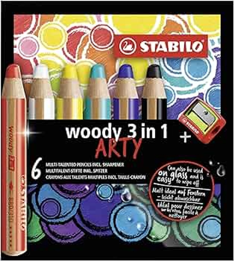 Crayon de couleur - STABILO woody 3in1 - Étui carton ARTY x 6 crayons + 1 taille crayon - gamme ARTY