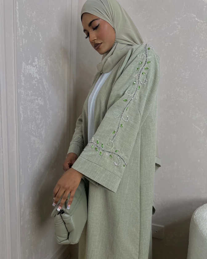 Three-Piece Set: Linen Blend Open Abaya with Stunning Handmade Embroid