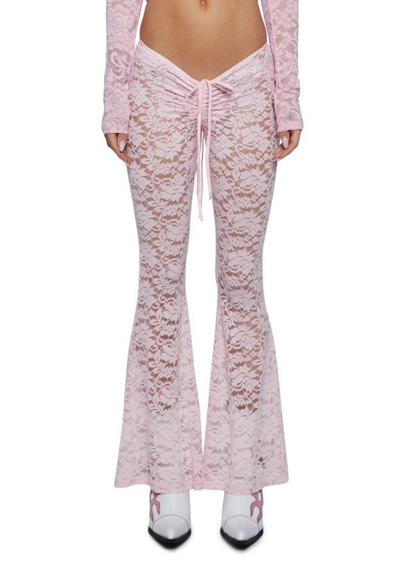 Sugar Thrillz Lace Flared V-Cut Leggings Pants - Pink