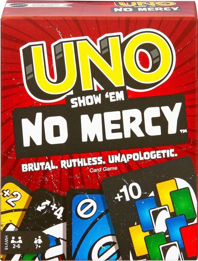 Mattel Games UNO Show 'em No Mercy - 56 zusätzliche Karten, harte Aktionskarten und brutale Spielregeln für die gnadenloseste Version, Stapelregel und Handkartentausch, ab 7 Jahren, HWV18