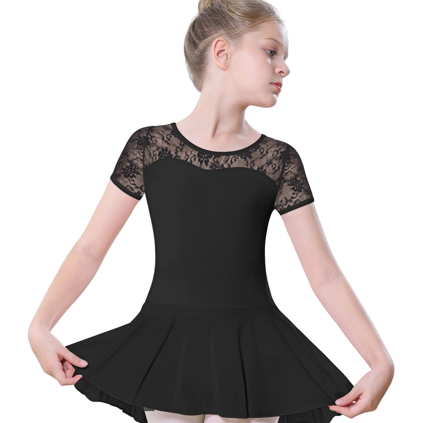 95% Cotton Solid Lace Design Short Sleeve Ballet Dress Leotard For Gymnastics Performance Sports