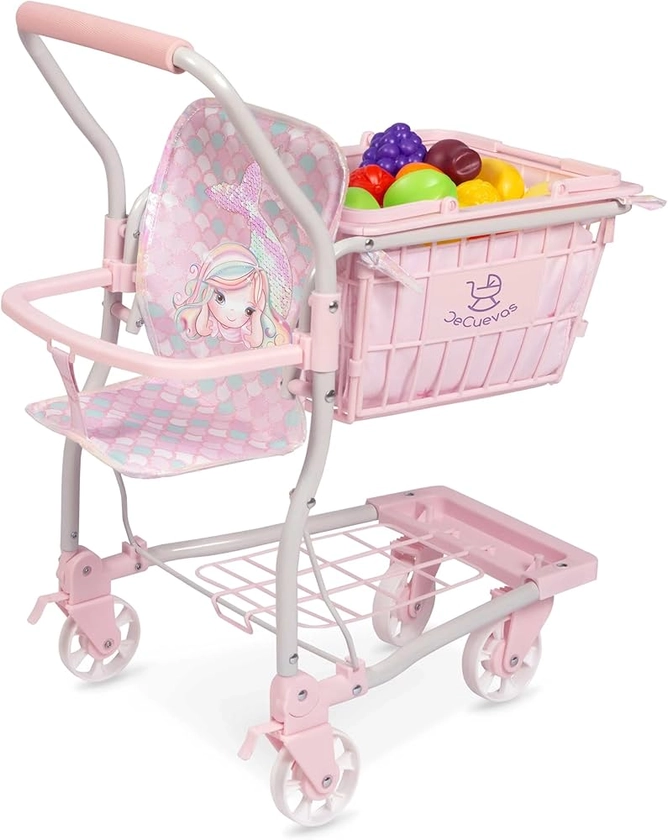 DE CUEVAS TOYS- Chariot avec Porte-bébé Ocean Fantasy DeCuevas Toys 52141, Multicolor,1 caddie style chariot, 1 panier amovible et 1 lot de 12 fruits