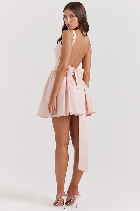 Clothing : Mini Dresses : 'Florianne' Soft Peach Bow Mini Dress