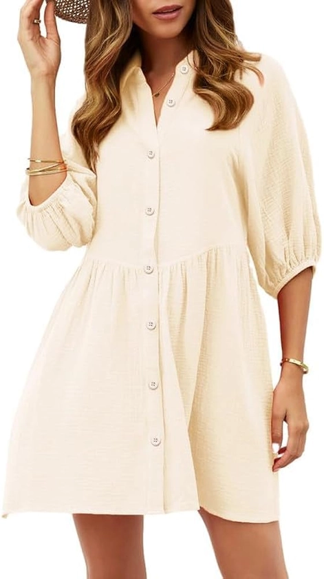 Dokotoo Women's Summer Dress V Neck 3/4 Puff Sleeve Button Down Cotton Shirts Dresses