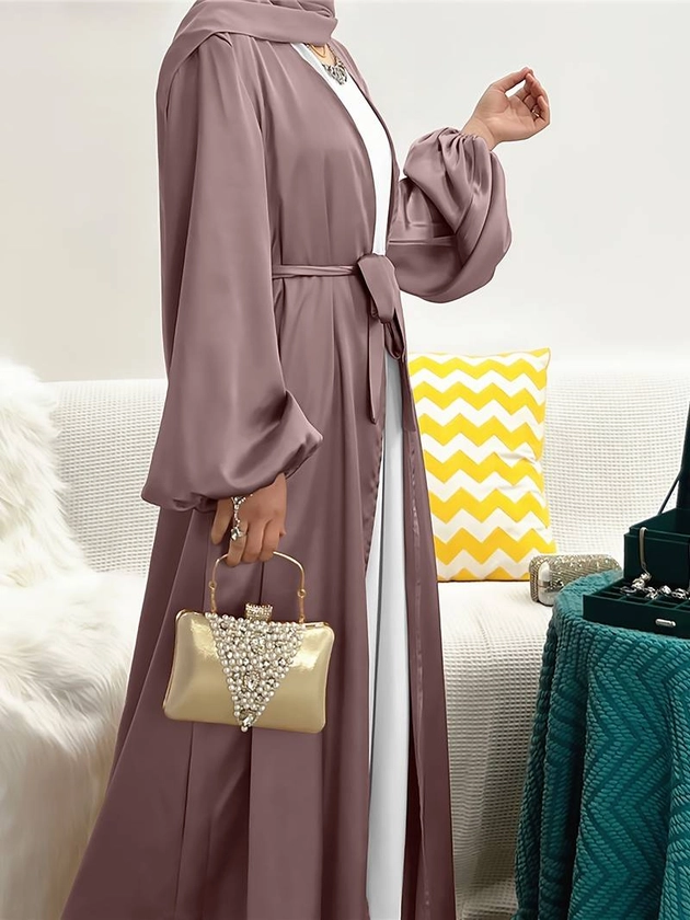Ramadan Solid Belted Dress Elegant Lantern Sleeve Dress - Temu United Kingdom