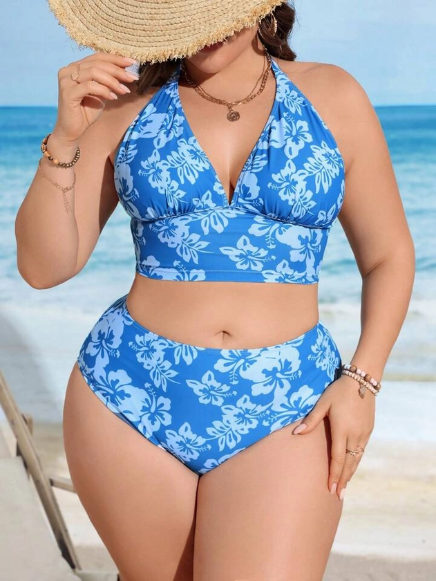 SHEIN VCAY Plus Size Women's Fashionable Printed Swimsuit With Beach Vacation Design, Summer