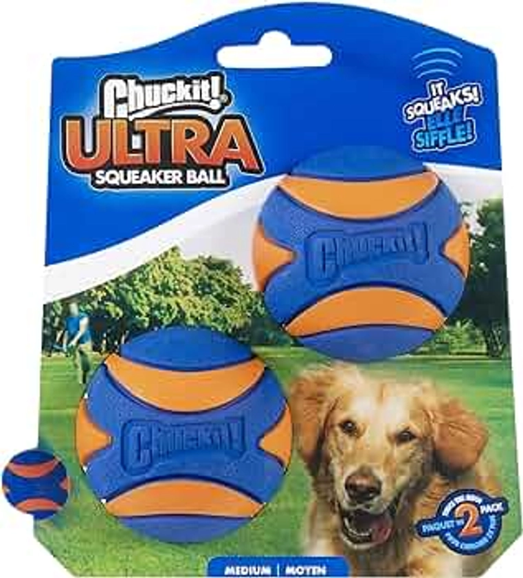 Chuckit Ultra Squeaker Ball Dog Toy for Medium Breeds - Bouncy Squeaky Fetch Balls for Dogs - Floating Water Pet Toys - Durable Rubber - Size Medium - 2.5" Diameter - Pack of 2