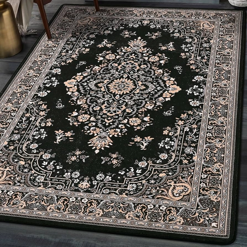 HOMORE 4x6 Area Rugs, Black Washable Rugs for Bedroom, Non Slip Vintage Rug Faux Wool Floral Rug for Living Room Dining Room, Soft Thin Carpet Rug for Farmhouse Kids Room Dorm Decor
