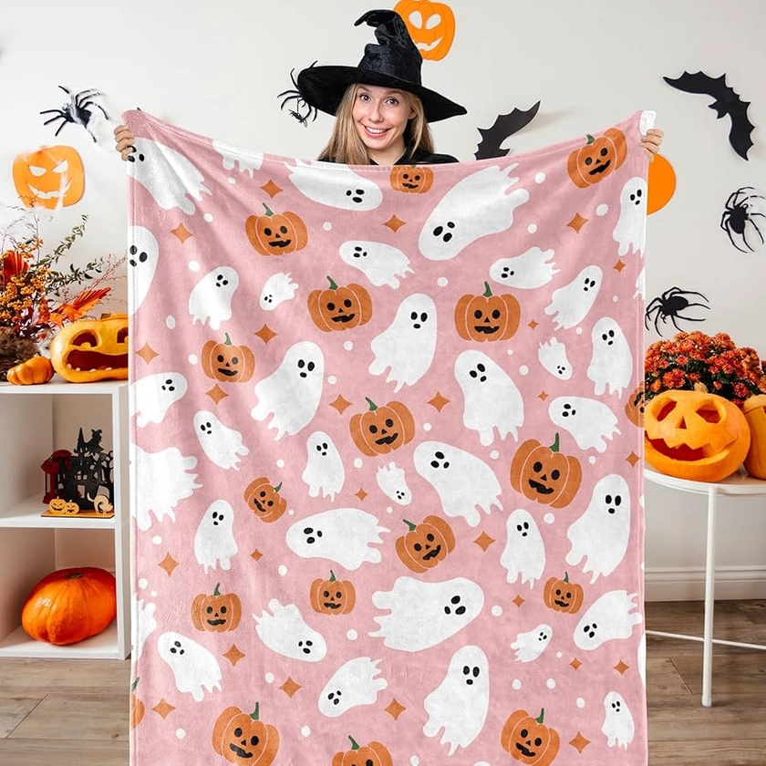 Halloween Fuzzy Flannel Blanket 60 x 50 Inch Ghost Pumpkin Throw Blanket Pink Soft Blanket for Farmhouse Home Chair Sofa Couch Bed