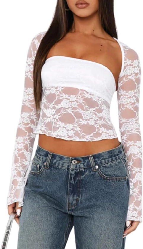 Women Lace Long Sleeve Shirt Top Round Neck Slim Fit Sheer T-Shirt Top Sexy Floral Lace Blouse Crop Top