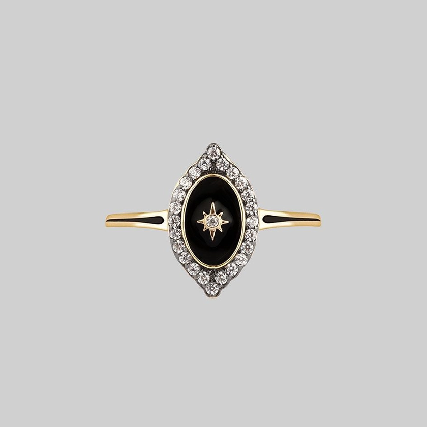 REVERENCE. Oval Black Enamel Crystal Gold Ring