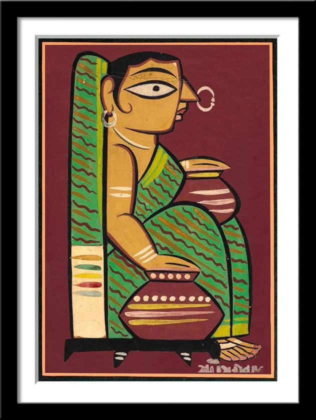 Tallenge - Woman with Water Pots - Jamini Roy - Bengal Art Painting - Small Framed Poster(Paper,12x17 inches, Multicolour) : Amazon.in: Home & Kitchen