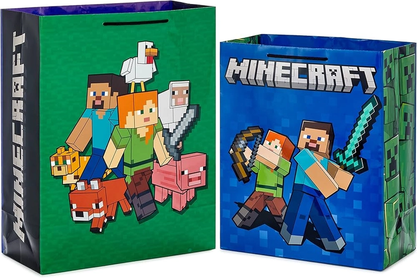 Hallmark Minecraft Gift Bag Bundle (2 Bags: 13" Large Blue Bag, 15" Extra Large Green) for Birthdays, Christmas, Valentine's Day, Halloween, Kids Parties