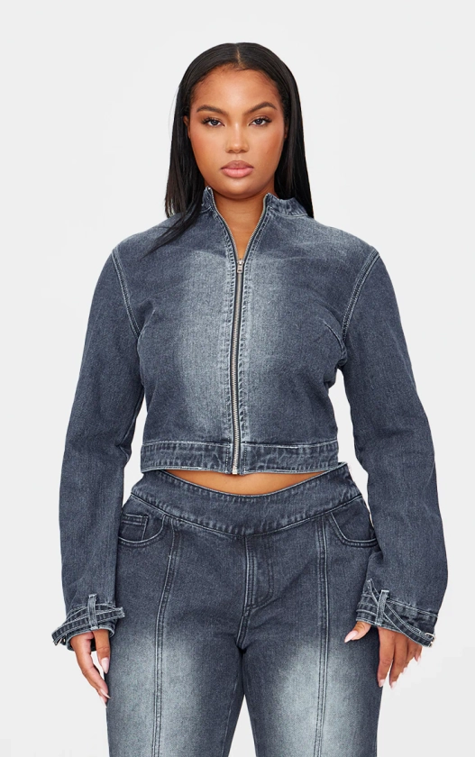 Plus Dark Indigo Buckle Detail Cropped Moto Jacket