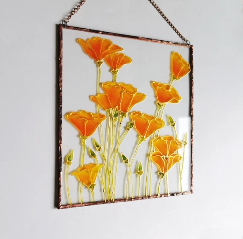 Poppy Suncatcher California Poppy Painting on Glass Art Stain Glass Window Hangings Floral Wall Decor Botanical Glass Painting