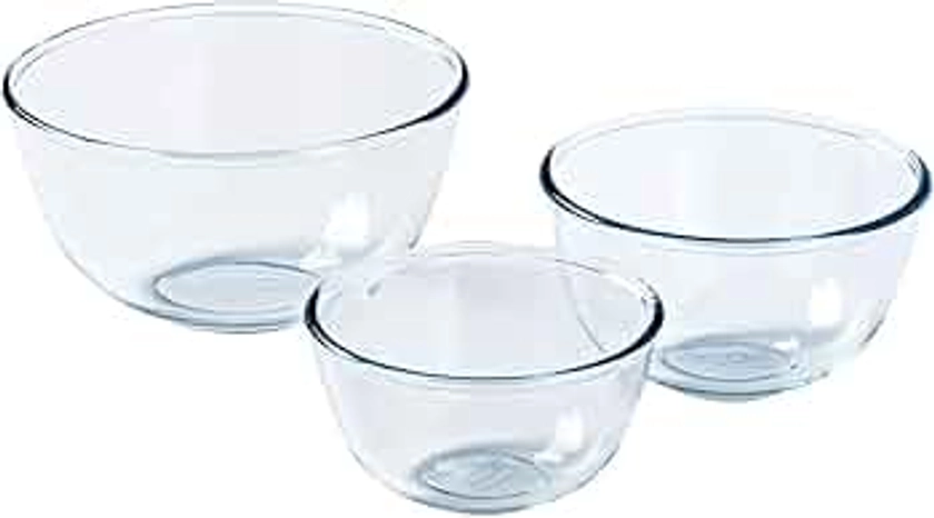 Pyrex – 8023509 – 3 Pieces; Glass Mixing Bowls/Salad Bowl – 0.5 L; 1 L; 2 L – Borosilicate Glass – Heavy Duty – Made in France