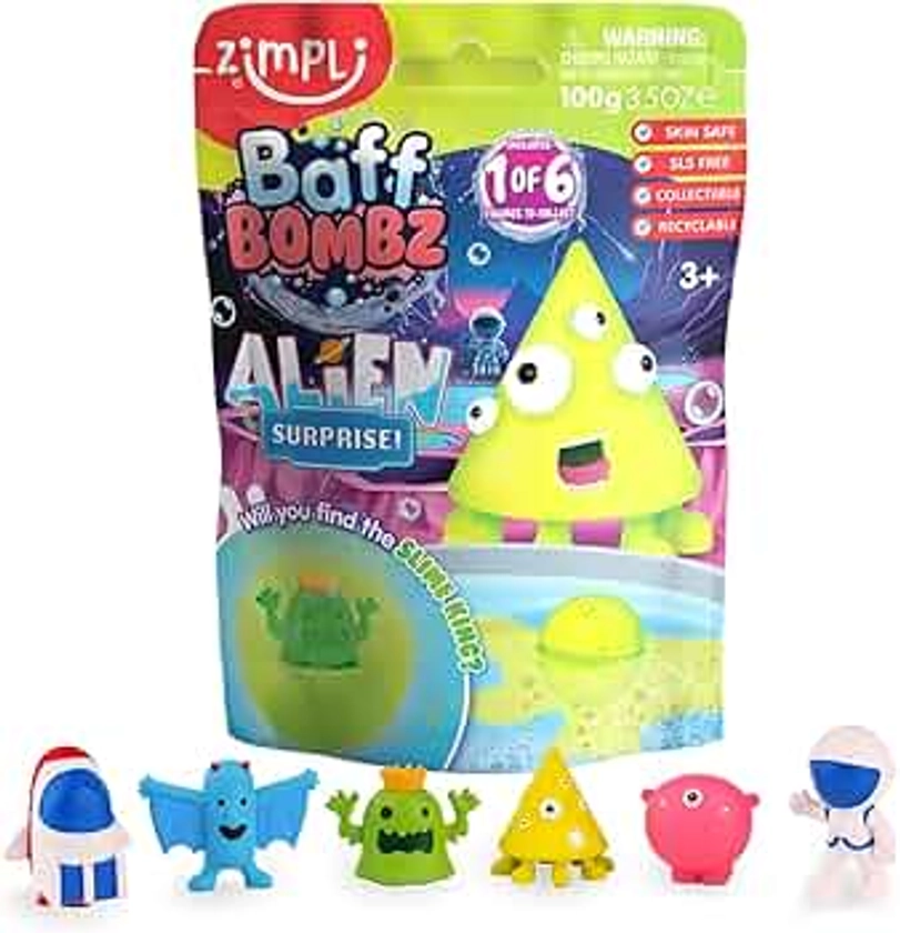 Zimpli Kids Large Alien Surprise Bath Bomb, Each Bath Bomb contains 1 of 6 Surprise Fruit Toys to Collect, Mystery Toys for Boys & Girls, Collectible Toy, Party Bag Favours Fillers, Novelty & Gag Toys