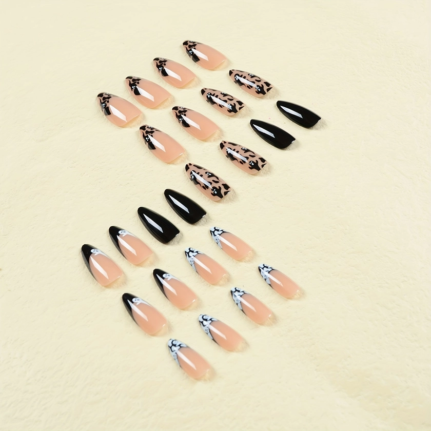 24pcs Glossy Medium Almond * Nails, Black & White French Tip Press On Nails With Cute Ghost Design, Funny False Nails For Women Girls Halloween Nai