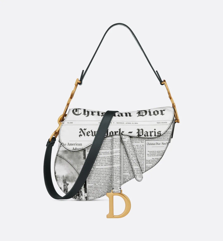 Saddle Bag with Strap White and Black Calfskin with Newspaper Print | DIOR