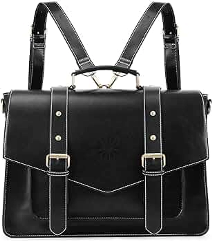 ECOSUSI Backpack for Women Briefcase Messenger Laptop Bag Vegan Leather Satchel Work Bags Fits 15.6 inch Laptops, Black