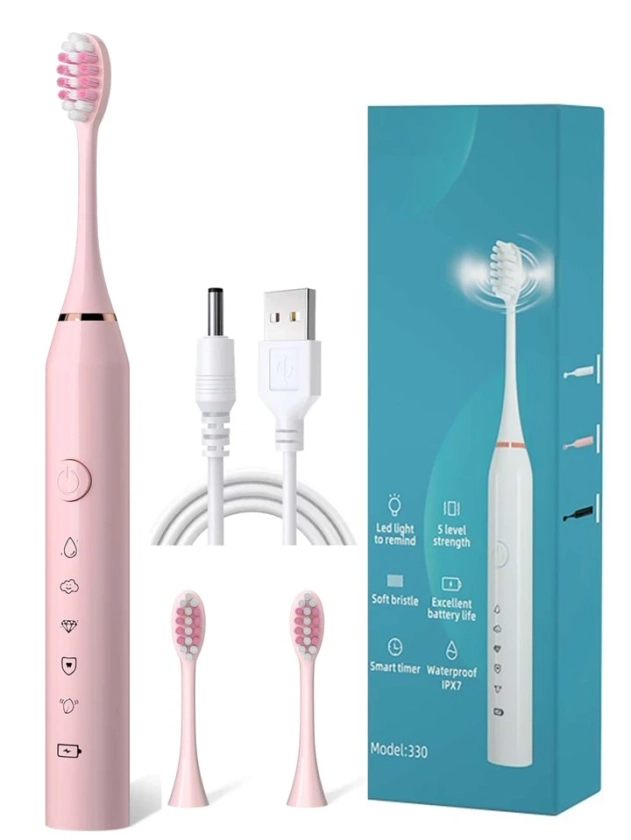 Sonic Electric Toothbrush With 3 Brush Heads, Pink, Ipx7 Waterproof, 5 Cleaning Modes, Long Battery Life, Usb Rechargeable, For Adults