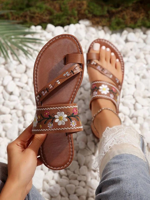European And American Style Plus Size Embroidered Open Toe Sandals In Deep Brown For Women, Summer Beach Casual Wear | SHEIN USA