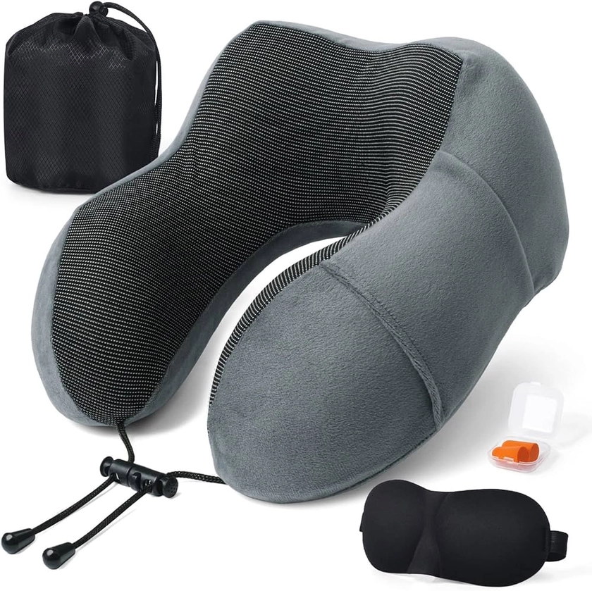 SOMLAW Oreiller de Voyage, Oreiller Cervical en Mousse à mémoire de Forme, Coussin de Support Cervical Essentiel pour Voyager, Sac de Transport Inclus, Bouchons d'oreille et Masque de Sommeil