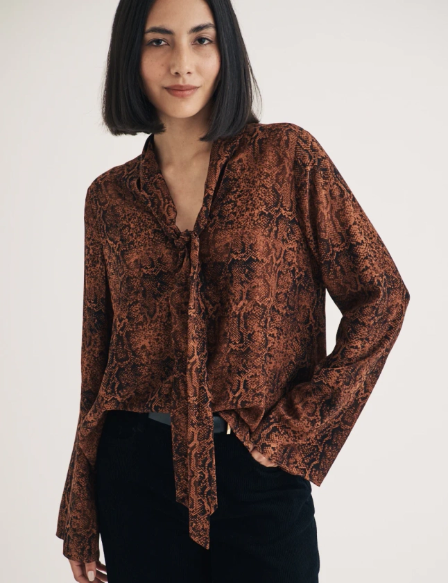 Brown Snake Print Scarf Blouse