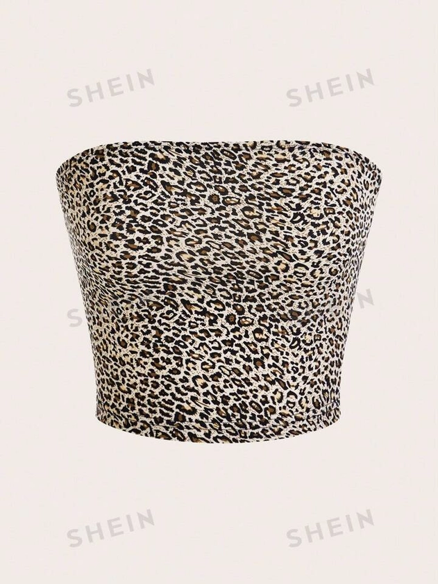 SHEIN EZwear Leopard Print Tube Top, Slim Fit Casual Women Summer Shirt
