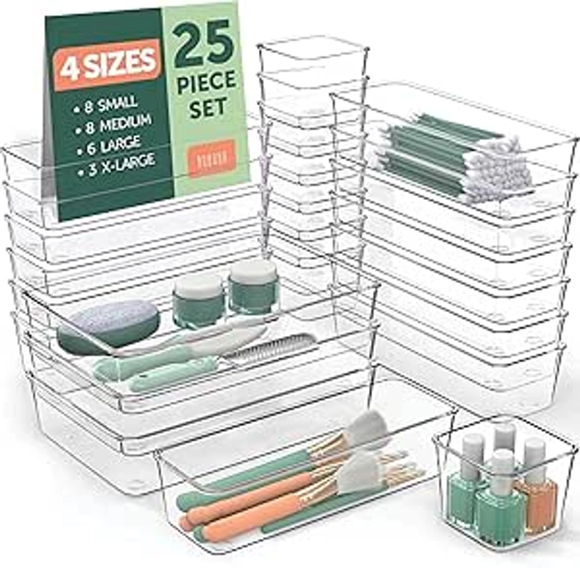 Amazon.com: 25 PCS Clear Plastic Drawer Organizers Set, 4 Sizes Clear Drawer Organizers & storage Bins for Makeup/Jewelry Vanity, Kitchen Gadgets Or Office Desk. Bathroom Drawer Organizer Trays With Non-Slip Pads : Office Products