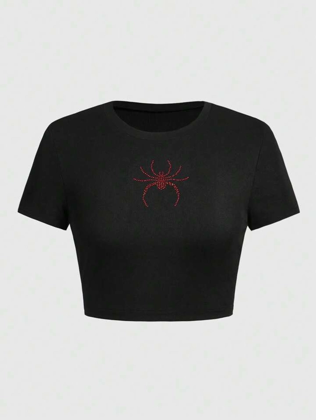 Grunge Punk Black & Red Spider Rhinestone Embellished Round Neck Slim Fit Women'S T-Shirt