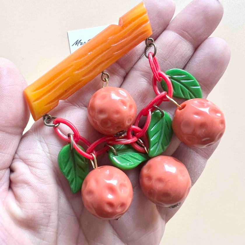Vintage Inspired Bakelite Brooch, 1940s and 1950s Design With Orange Fruit Beads and Green Leaf Charm Resin Fakelite by Mrs Polly's Lucite - Etsy
