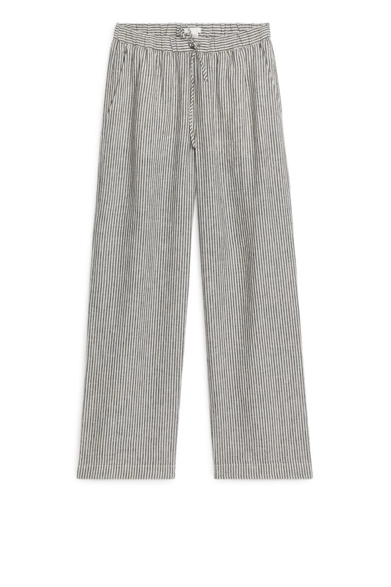 Linen Drawstring Trousers - Off White/Black - Ladies | H&M GB