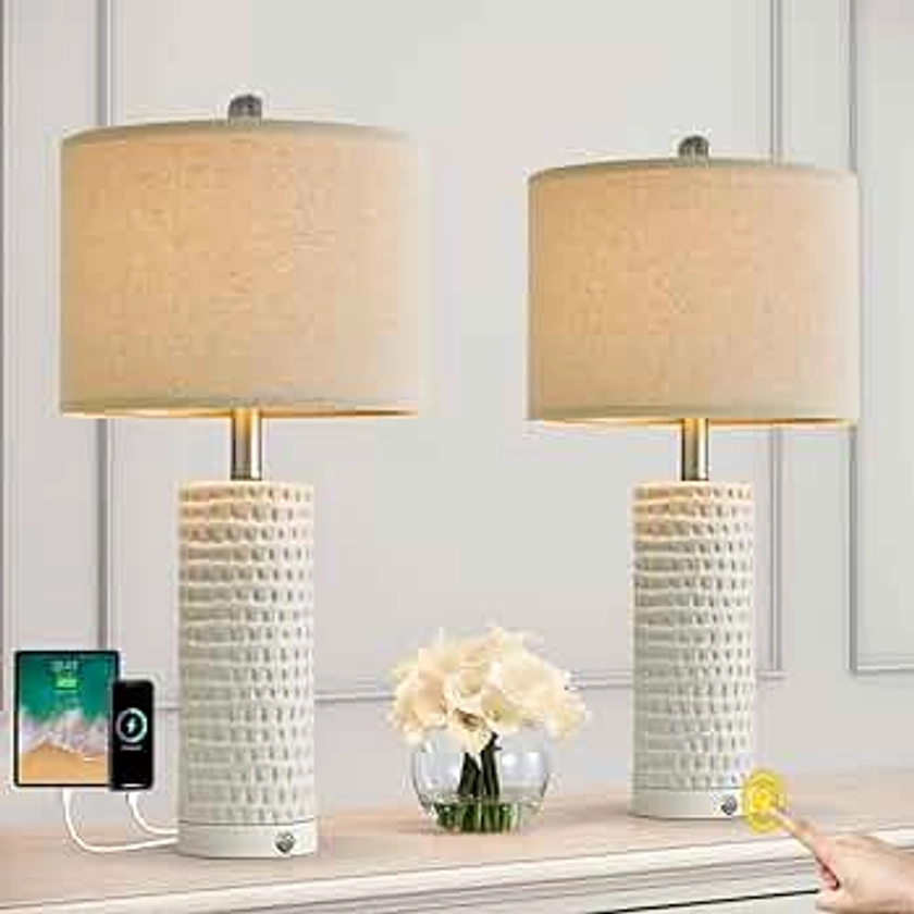 PORTRES 24" Farmhouse 3-Way Dimmable Touch Ceramic Table Lamp Set of 2 for Bedroom White Bedside Lamps with USB A+C Charging Ports for Living Room Nightstand Lamp End Table Lamps(2 Bulbs Included)