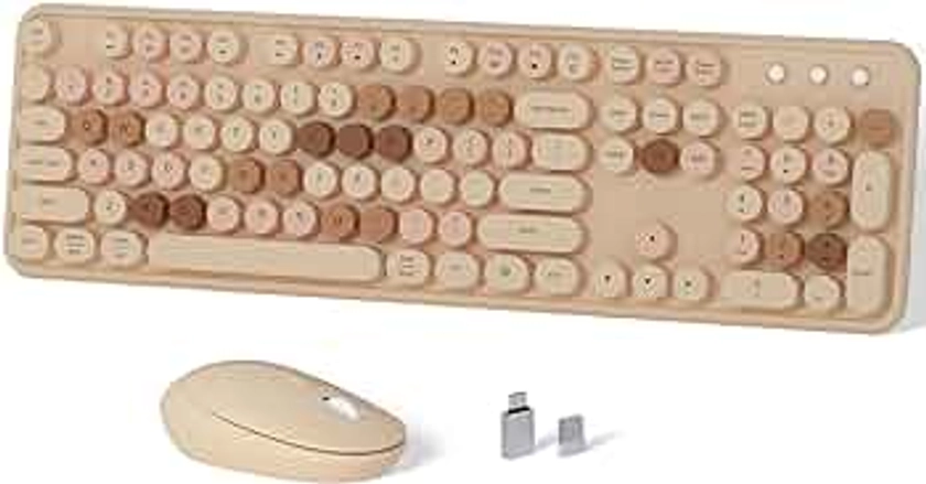 Wireless Keyboard and Mouse, Links9+ Full-Size Retro Typewriter Keyboard with Round Keycaps, 2.4GHz for Windows, Mac, Laptop, PC, Desktop (Milky Tea Colorful)