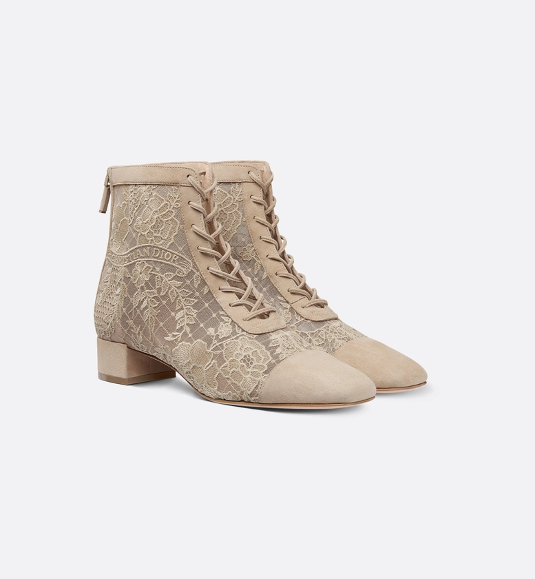 Naughtily-D Heeled Ankle Boot Transparent Mesh with Sand-Colored Dior Roses Embroidery and Suede Goatskin | DIOR