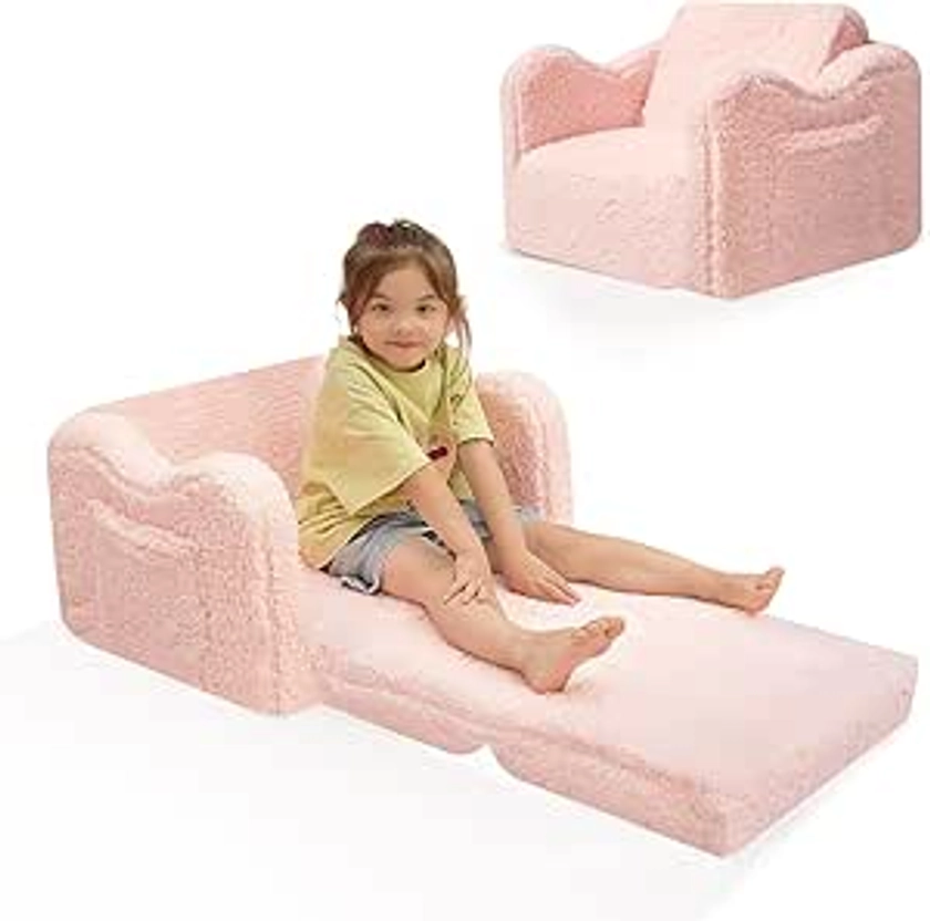 Plush Kids Couch for Toddler Ages 1-3 with Pockets, 2-in-1 Comfy Soft Kids Sofa Fold Out for Boys and Grils, Armrest Convertible Baby Chair, Pink