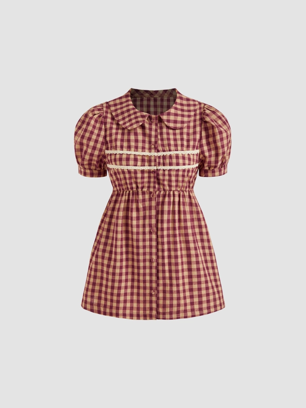 Woven Cotton-blend Doll Collar Gingham Puff Sleeve Short Sleeve Blouse For School Daily Casual