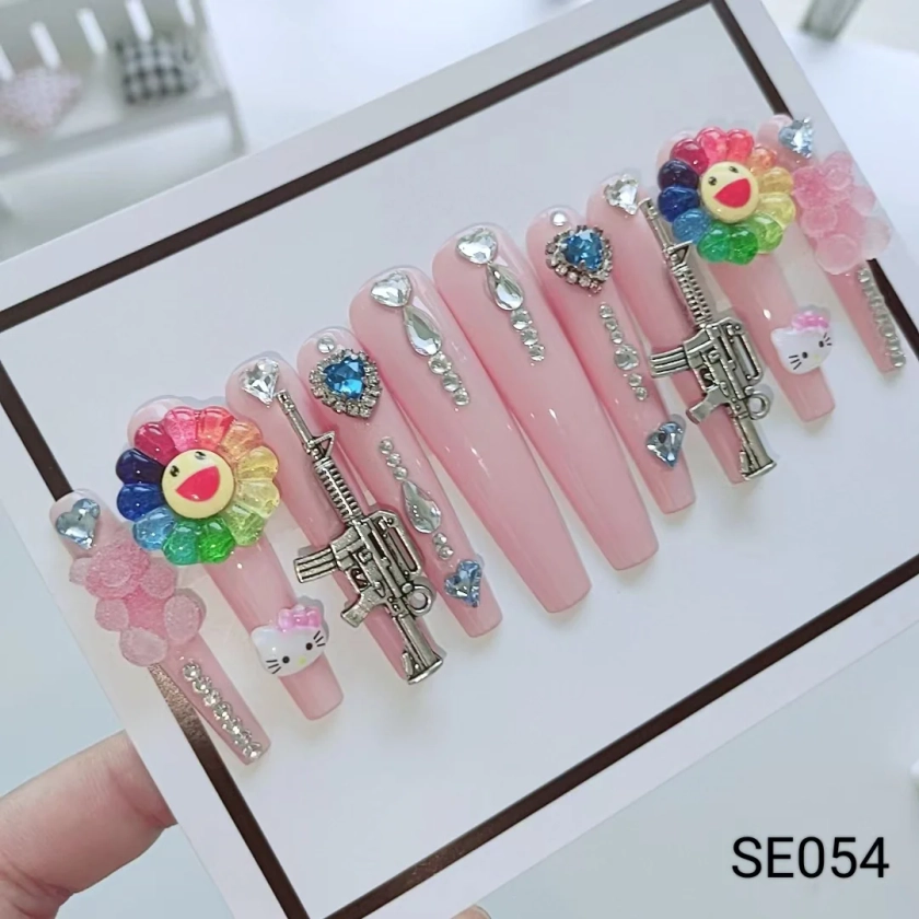 HML21 Colorful Flower Love Diamond M4A1 HANDMADE NAIL